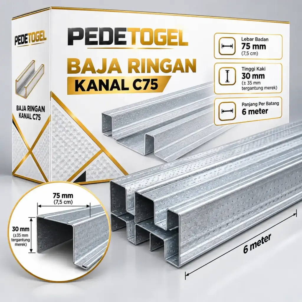 Tumpukan baja ringan kanal C75 merek PEDETOGEL dengan ukuran lebar 75 mm dan panjang 6 meter.